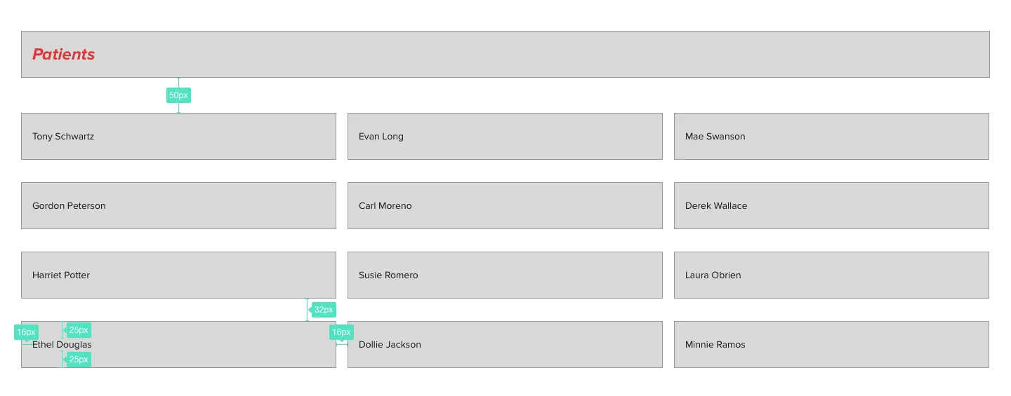 The mock for task 1: a Patients header above a three-column grid of patient names, annotated with 50px, 32px, 25px and 16px spacing
