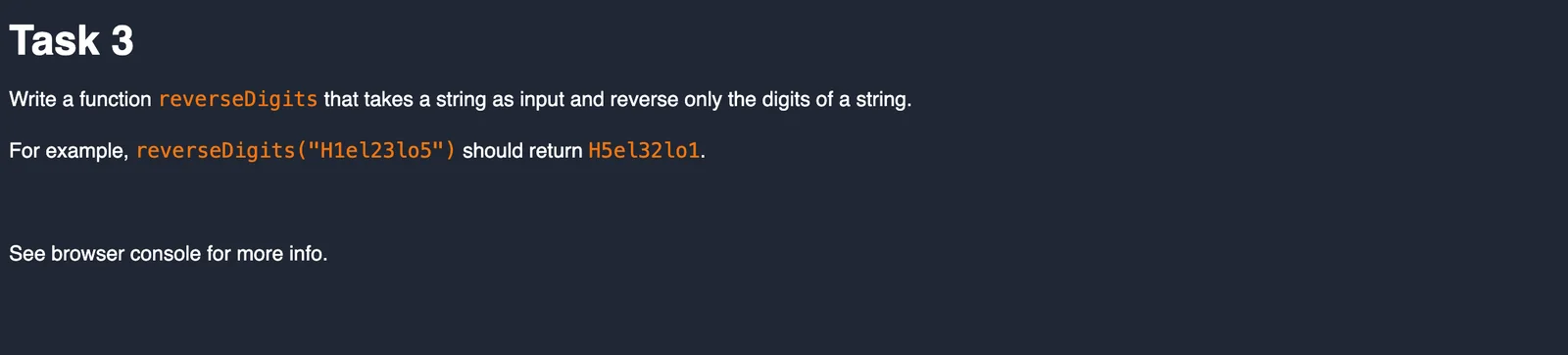 Task 3 brief: write a function reverseDigits that reverses only the digits of a string, so H1el23lo5 becomes H5el32lo1