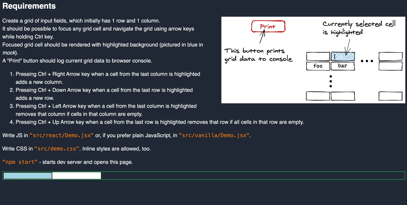 Task 4 requirements: a grid of input fields navigated with Ctrl and the arrow keys, where Ctrl plus an arrow at the edge adds or removes a row or column, and a Print button logs the grid data