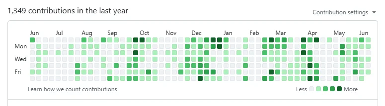 GitHub contribution graph showing 1,349 contributions in the last year, with activity spread across every month from June to June